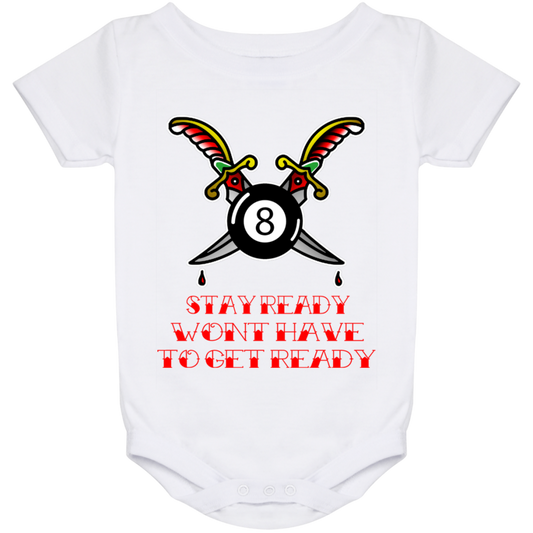 The GHOATS Custom Design #36. Stay Ready Won't Have to Get Ready. Tattoo Style. Ver. 1/2. Baby Onesie 24 Month