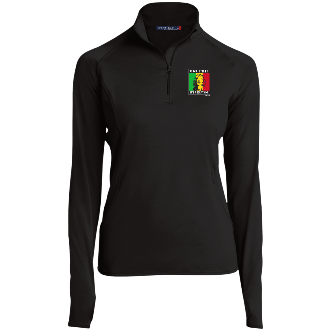 OPG Custom Design #22. One Putt / One Love Parody with Fan Art. Female Edition. Ladies' 1/2 Zip Performance Pullover