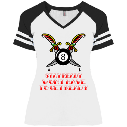 The GHOATS Custom Design #36. Stay Ready Won't Have to Get Ready. Tattoo Style. Ver. 1/2. Ladies' Game V-Neck T-Shirt