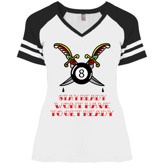 The GHOATS Custom Design #36. Stay Ready Won't Have to Get Ready. Tattoo Style. Ver. 1/2. Ladies' Game V-Neck T-Shirt