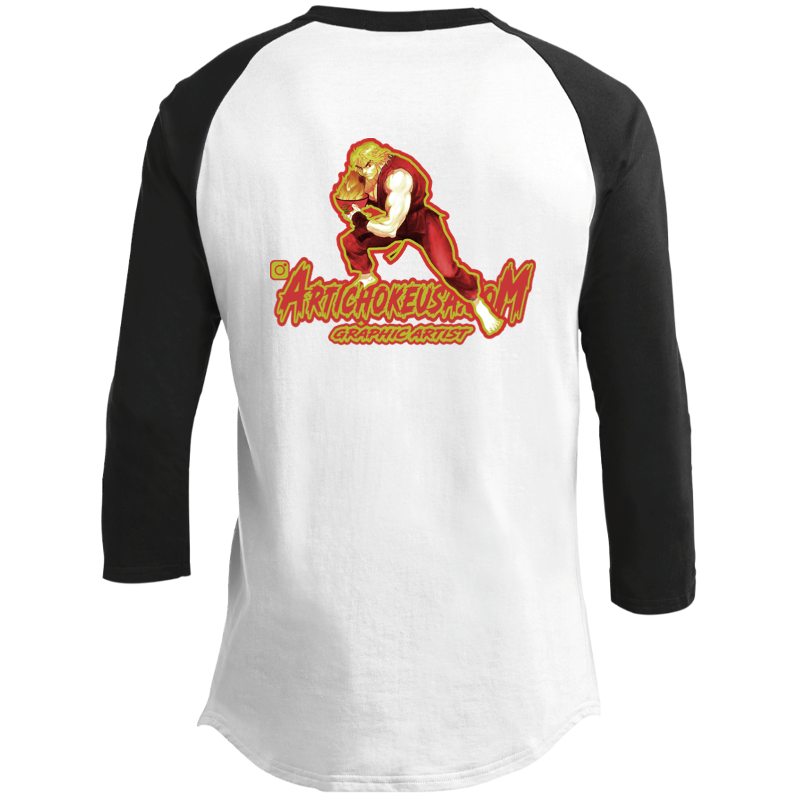 ArtichokeUSA Custom Design. Pho Ken Artichoke. Street Fighter Parody. Gaming. Youth 3/4 Raglan Sleeve Shirt