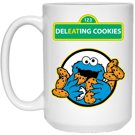 ArtichokeUSA Custom Design #58. DelEATing Cookes. IT humor. Cookie Monster Parody. 15 oz. White Mug