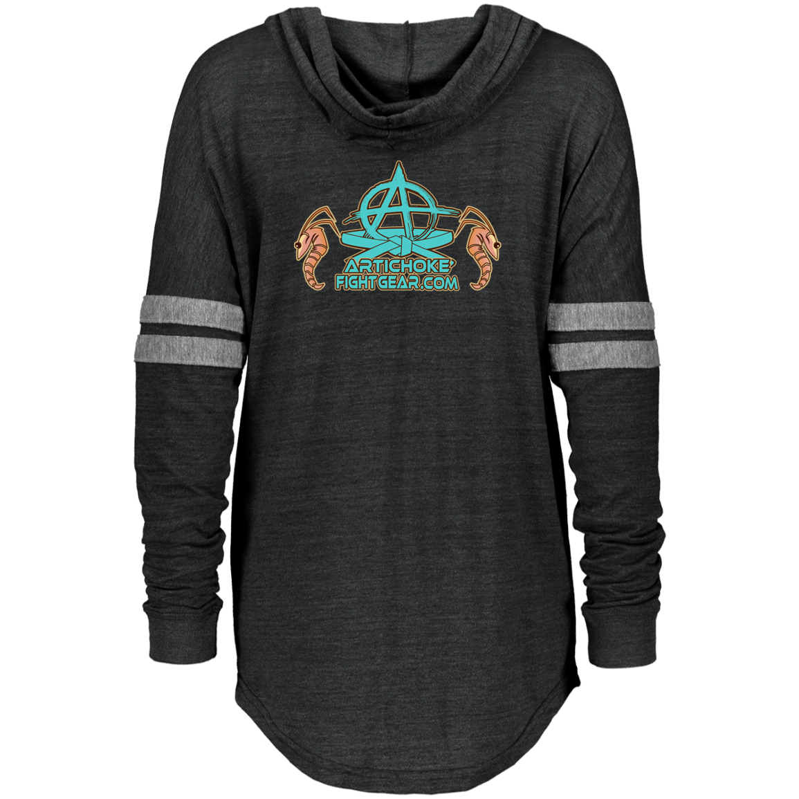 Artichoke Fight Gear Custom Design #18. Shrimpin ain't Easy. Ladies Hooded Low Key Pullover