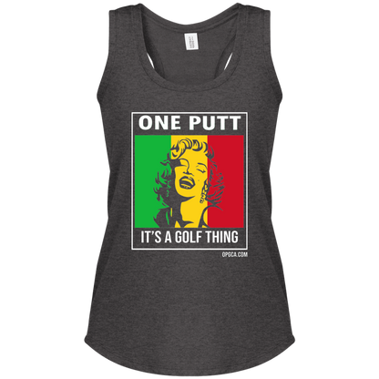 OPG Custom Design #22. One Putt / One Love Parody with Fan Art. Female Edition. Ladies' Perfect Tri Racerback Tank