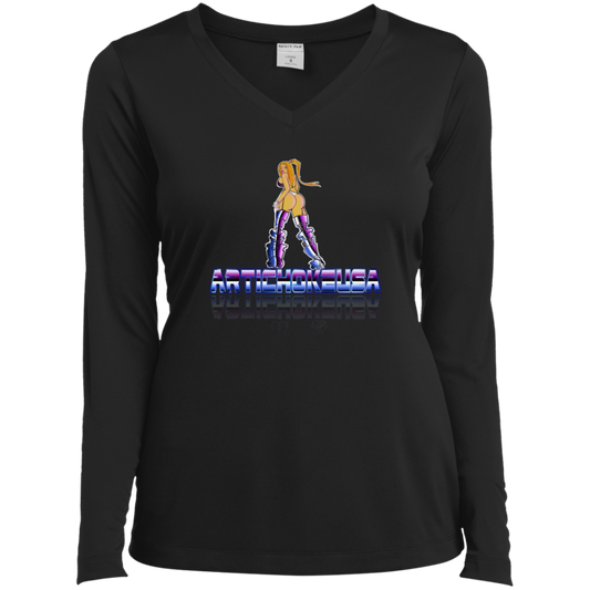 ArtichokeUSA Character and Font design. Let's Create Your Own Team Design Today. Dama de Croma. Ladies’ Long Sleeve Performance V-Neck Tee