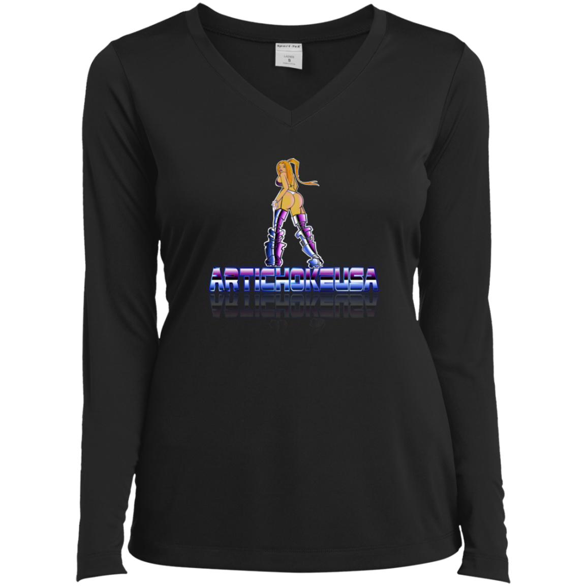 ArtichokeUSA Character and Font design. Let's Create Your Own Team Design Today. Dama de Croma. Ladies’ Long Sleeve Performance V-Neck Tee