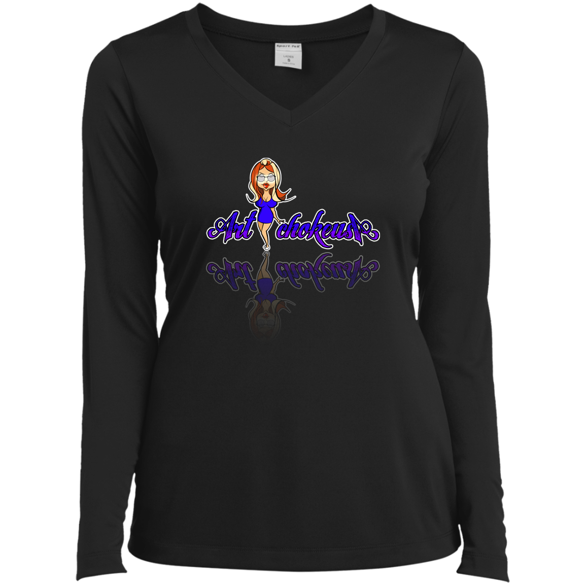 ArtichokeUSA Character and Font Design. Let’s Create Your Own Design Today. Blue Girl. Ladies’ Long Sleeve Performance V-Neck Tee