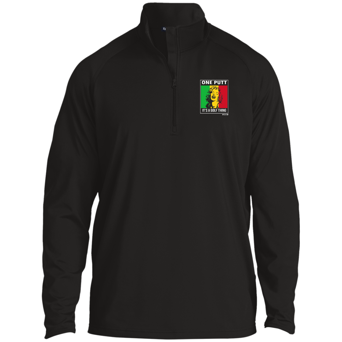 OPG Custom Design #22. One Putt / One Love Parody with Fan Art. Female Edition. 1/2 Zip Raglan Performance Pullover