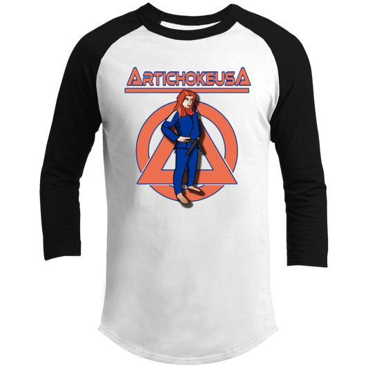 ArtichokeUSA Character and Font design. Let's Create Your Own Team Design Today. Amber. Men's 3/4 Raglan Sleeve Shirt