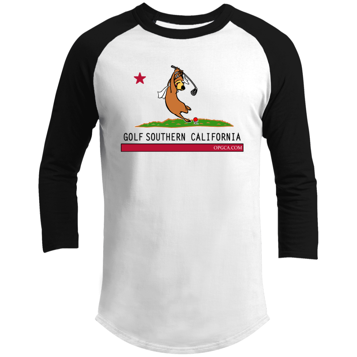 Custom Design #15. Golf Southern California with Yogi Fan Art. 3/4 Raglan Sleeve Shirt 100% Ringspun Combed Cotton