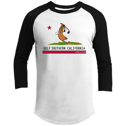 Custom Design #15. Golf Southern California with Yogi Fan Art. 3/4 Raglan Sleeve Shirt 100% Ringspun Combed Cotton