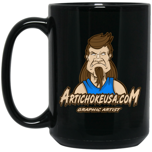 ArtichokeUSA Character and Font design. Let's Create Your Own Team Design Today. Mullet Mike. 15 oz. Black Mug