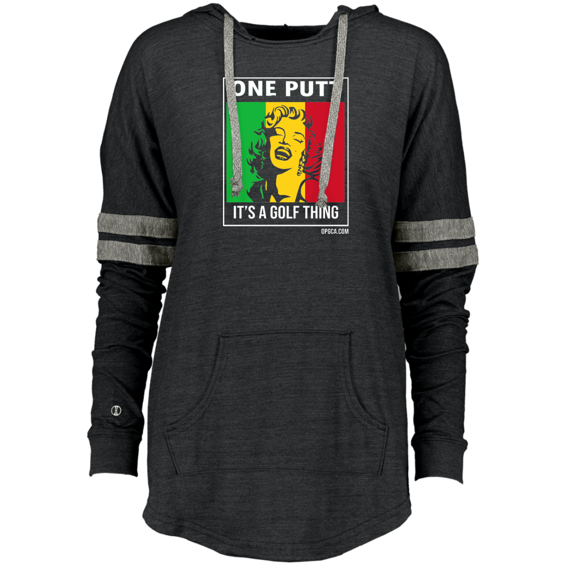 OPG Custom Design #22. One Putt / One Love Parody with Fan Art. Female Edition. Ladies Hooded Low Key Pullover