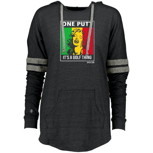 OPG Custom Design #22. One Putt / One Love Parody with Fan Art. Female Edition. Ladies Hooded Low Key Pullover