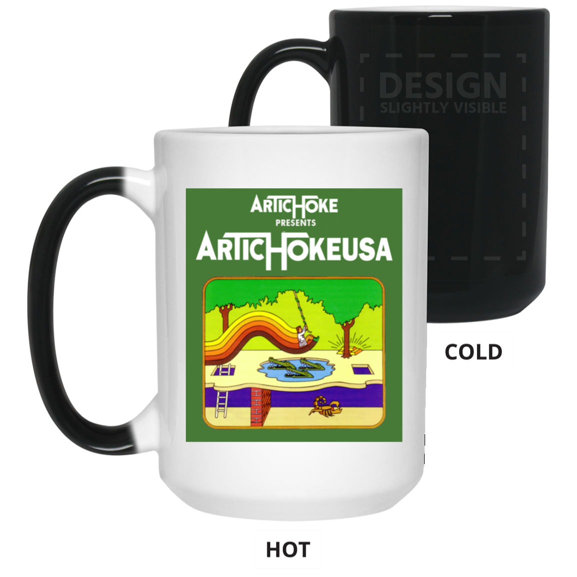ArtichokeUSA Custom Design. Pitfall Game. Activision Parody. Ladies' Soft Style Hoodie 15 oz. Color Changing Mug