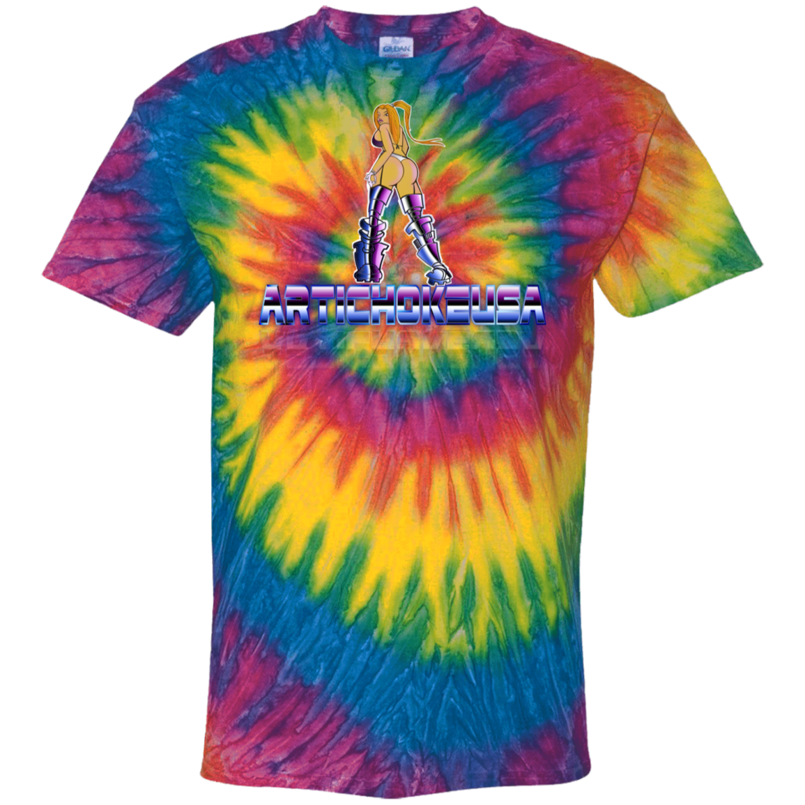 ArtichokeUSA Character and Font design. Let's Create Your Own Team Design Today. Dama de Croma. 100% Cotton Tie Dye T-Shirt