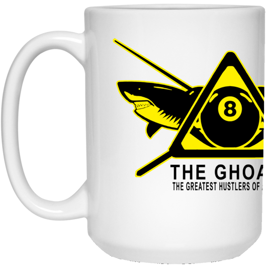 The GHOATS custom design #31. Shark Sighted. Male Pool Shark. Shoot At Your Own Risk. Pool / Billiards. 15 oz. White Mug