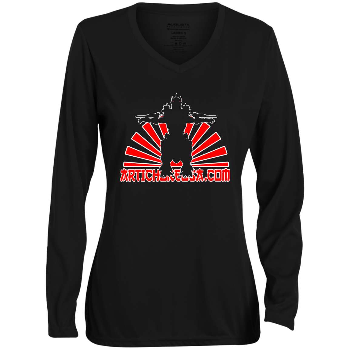 ArtichokeUSA Custom Design. Fan Art Mechagodzilla/Godzilla. Ladies' Moisture-Wicking Long Sleeve V-Neck Tee