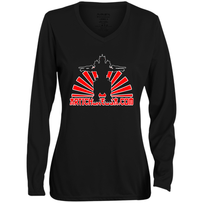 ArtichokeUSA Custom Design. Fan Art Mechagodzilla/Godzilla. Ladies' Moisture-Wicking Long Sleeve V-Neck Tee