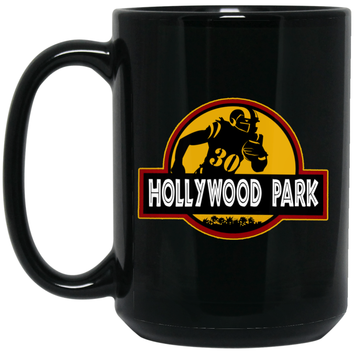 ArtichokeUSA Custom Design. LA Ram's Todd Gurley Jurassic Park Fan Art / Parody. 15 oz. Black Mug