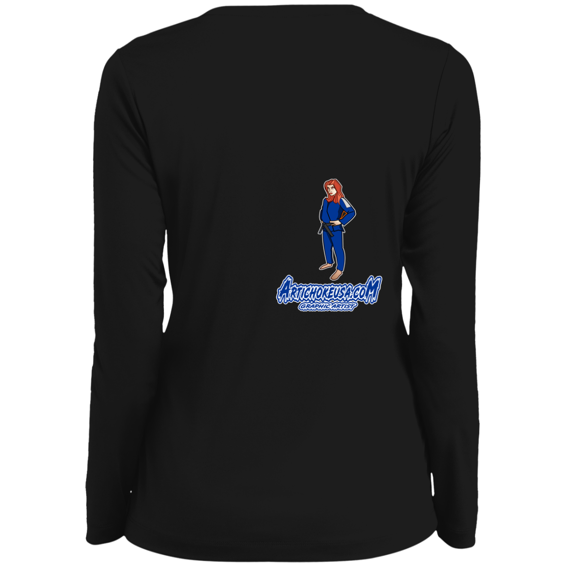 ArtichokeUSA Character and Font design. Let's Create Your Own Team Design Today. Amber. Ladies' Moisture-Wicking Long Sleeve V-Neck Tee