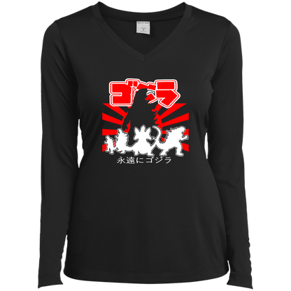 ArtichokeUSA Custom Design. Godzilla. Long Live the King. (1954 to 2019. 65 Years! Fan Art. Ladies’ Long Sleeve Performance V-Neck Tee