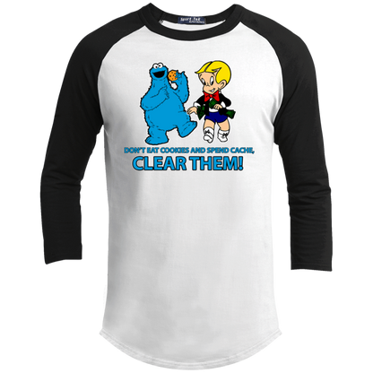 ArtichokeUSA Custom Design. Don't Eat Cookies And Spend Cache! Delete Them! Cookie Monster and Richie Rich Fan Art/Parody. Youth 3/4 Raglan Sleeve Shirt