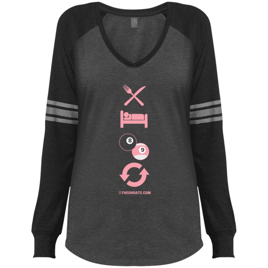 The GHOATS Custom Design #8. Eat Sleep Play 8 ball Play 9 ball Repeat. Ladies' Sports Team Style V-Neck Long Sleeve