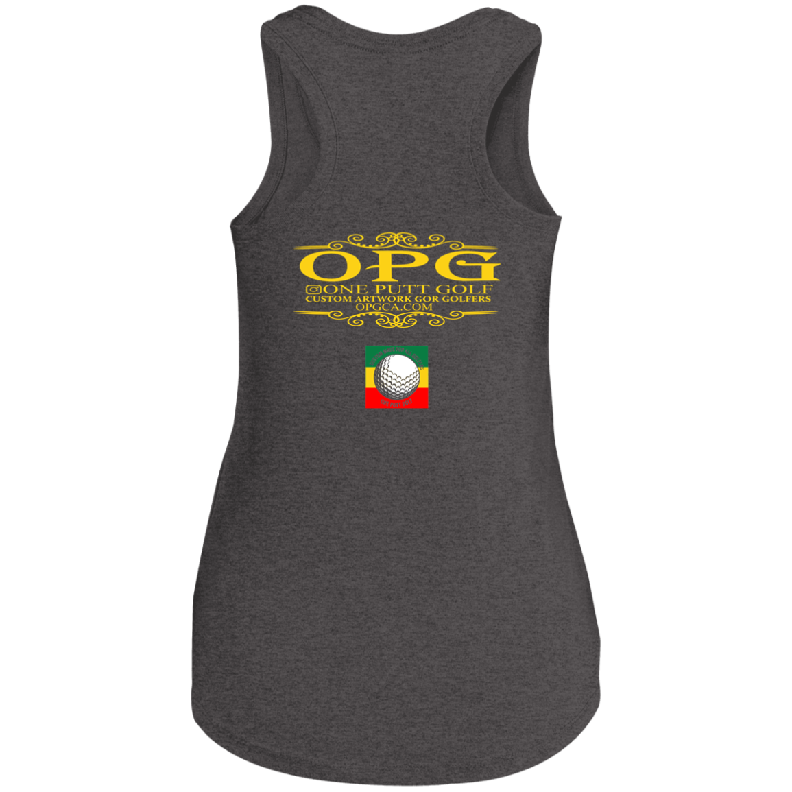 OPG Custom Design #22. One Putt / One Love Parody with Fan Art. Female Edition. Ladies' Perfect Tri Racerback Tank