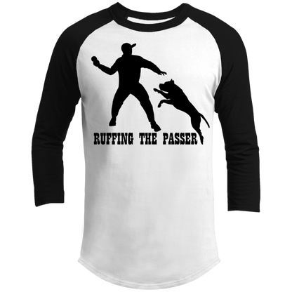 ArtichokeUSA Custom Design. Ruffing the Passer. Pitbull Edition. Male Version. 3/4 Raglan Sleeve Shirt