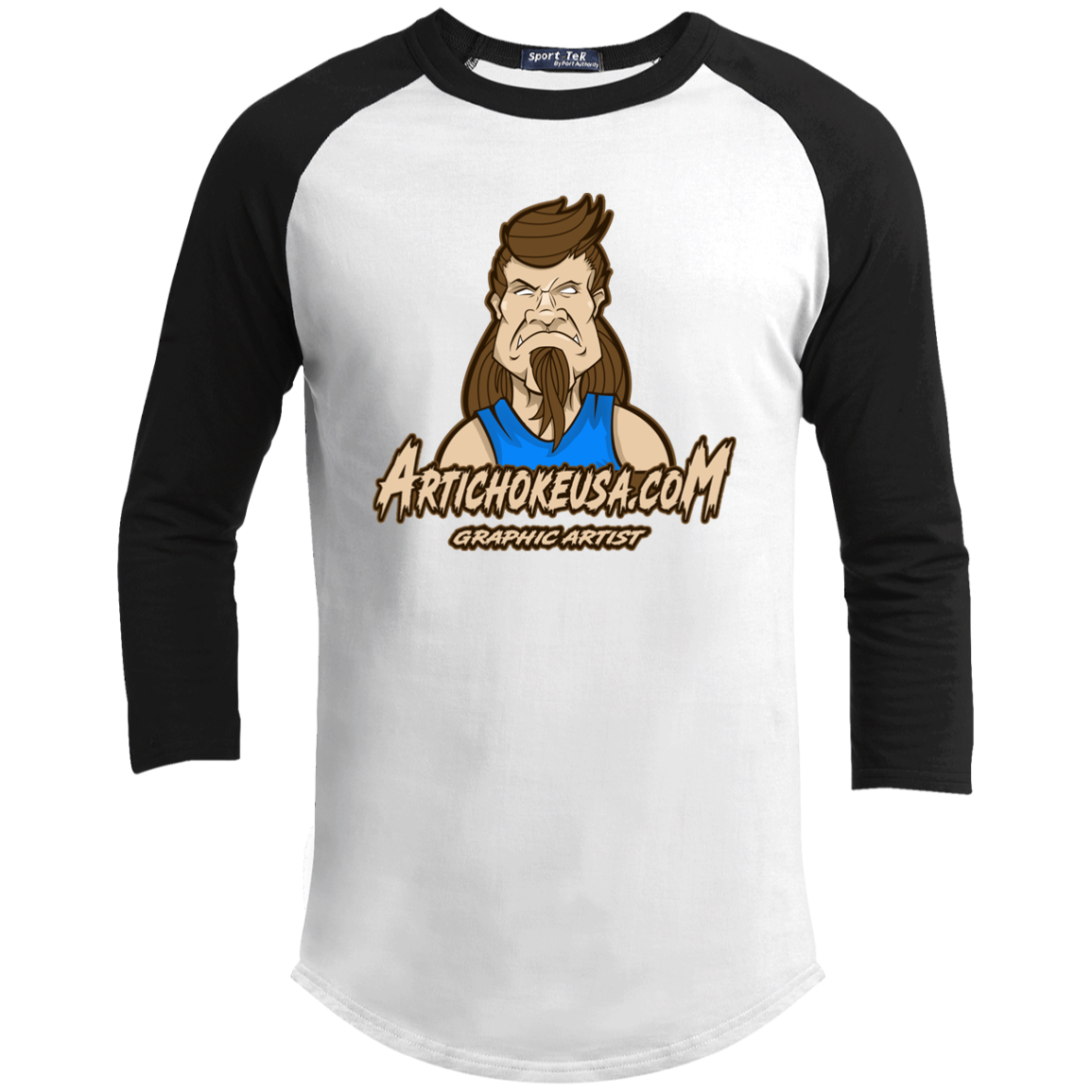 ArtichokeUSA Character and Font design. Let's Create Your Own Team Design Today. Mullet Mike. Youth 3/4 Raglan Sleeve Shirt