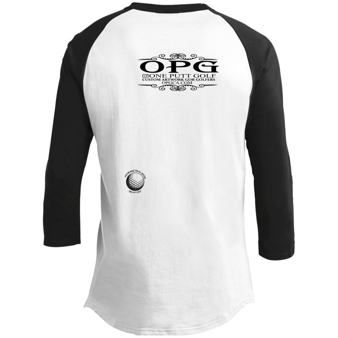 OPG Custom Design #22. One Putt / One Love Parody with Fan Art. Female Edition. 3/4 Raglan Sleeve Shirt 100% Ringspun Combed Cotton