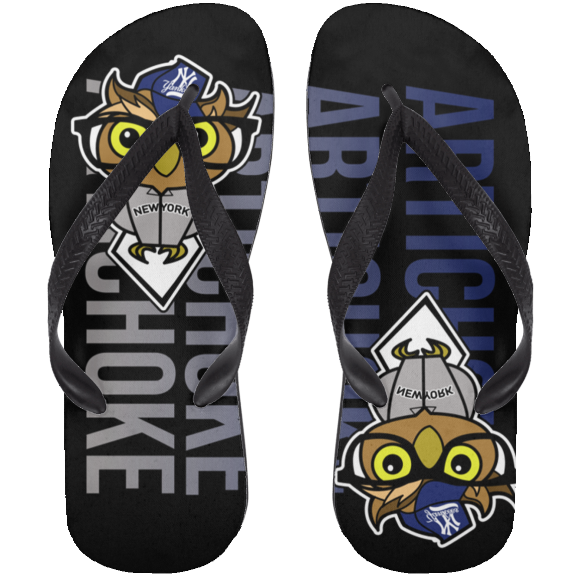 ArtichokeUSA Character and Font design. New York Owl. NY Yankees Fan Art. Let's Create Your Own Team Design Today. Adult Flip Flops