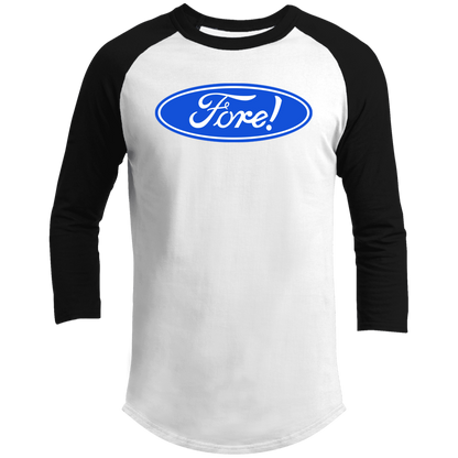OPG Custom Design #11. Fore! Ford Parody. 3/4 Raglan Sleeve Shirt 100% Ringspun Combed Cotton