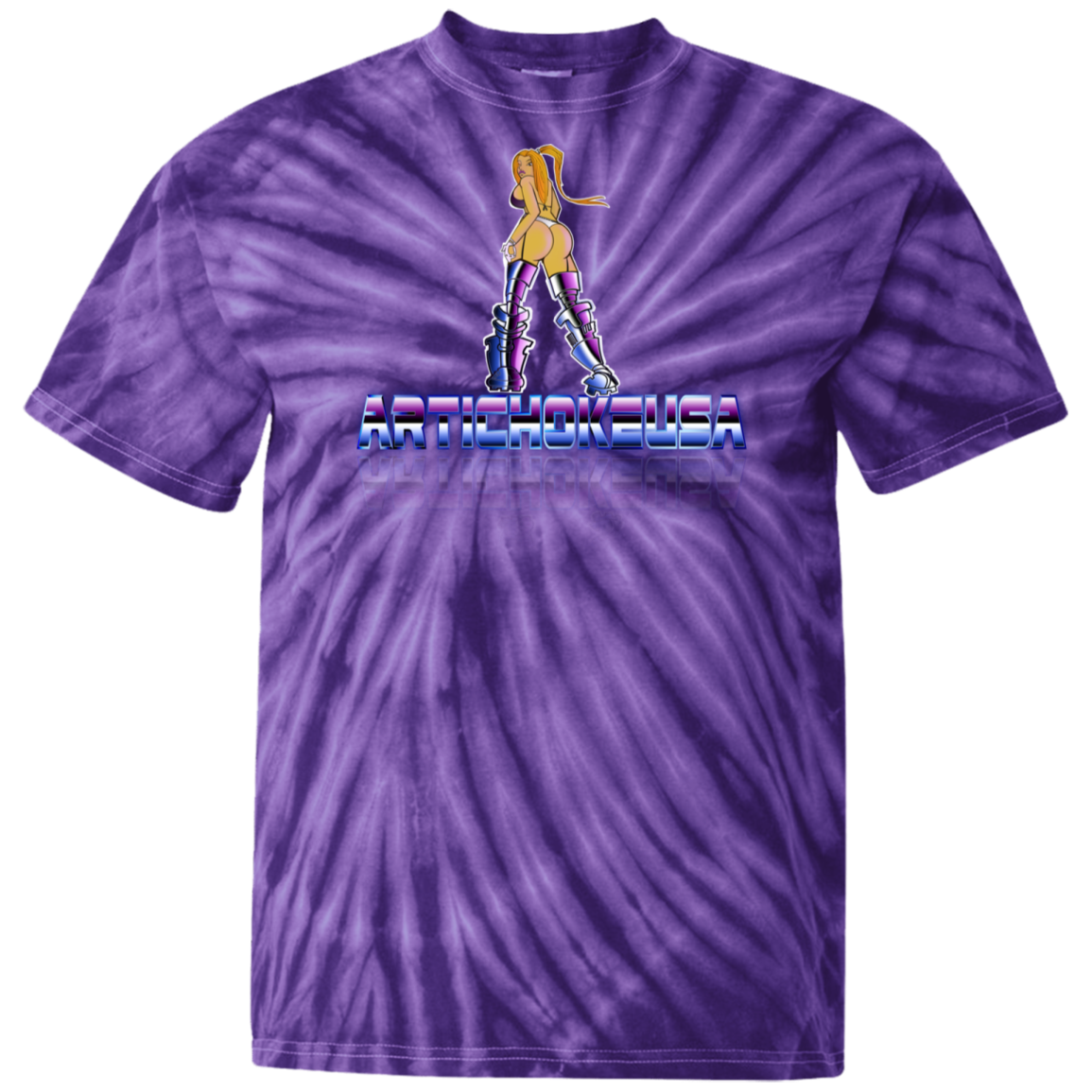 ArtichokeUSA Character and Font design. Let's Create Your Own Team Design Today. Dama de Croma. 100% Cotton Tie Dye T-Shirt