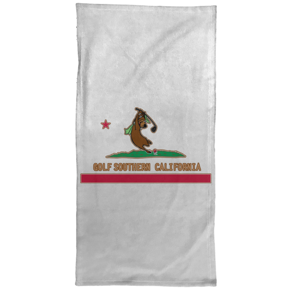 OPG Custom Design #9. Golf Southern California. California State Flag / Yogi Bear Playing Golf Parody. Hand Towel - 15x30