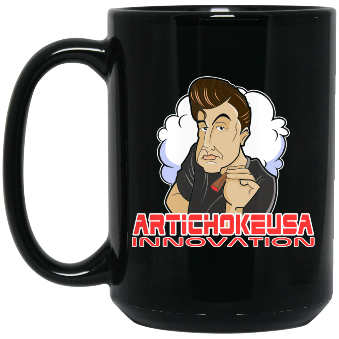 ArtichokeUSA Custom Design. Innovation. Elon Musk Parody Fan Art. 15 oz. Black Mug