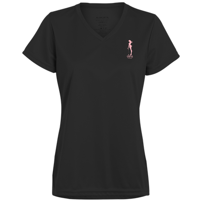 OPG Custom Design #10. Lady on Front / Flag Pole Dancer On Back. Ladies’ 100% polyester V-Neck Tee