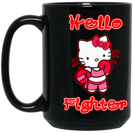 Artichoke Fight Gear Custom Design #13. Hello Fightter. Hello Kitty Parody. MMA.  15 oz. Black Mug