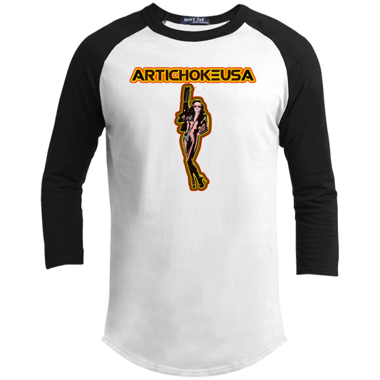 ArtichokeUSA Character and Font design. Let's Create Your Own Team Design Today. Mary Boom Boom. Youth 3/4 Raglan Sleeve Shirt