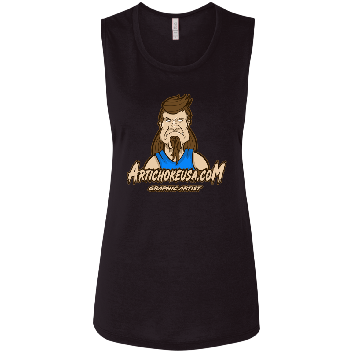 ArtichokeUSA Character and Font design. Let's Create Your Own Team Design Today. Mullet Mike. Ladies' Flowy Muscle Tank