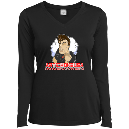 ArtichokeUSA Custom Design. Innovation. Elon Musk Parody Fan Art. Ladies’ Long Sleeve Performance V-Neck Tee