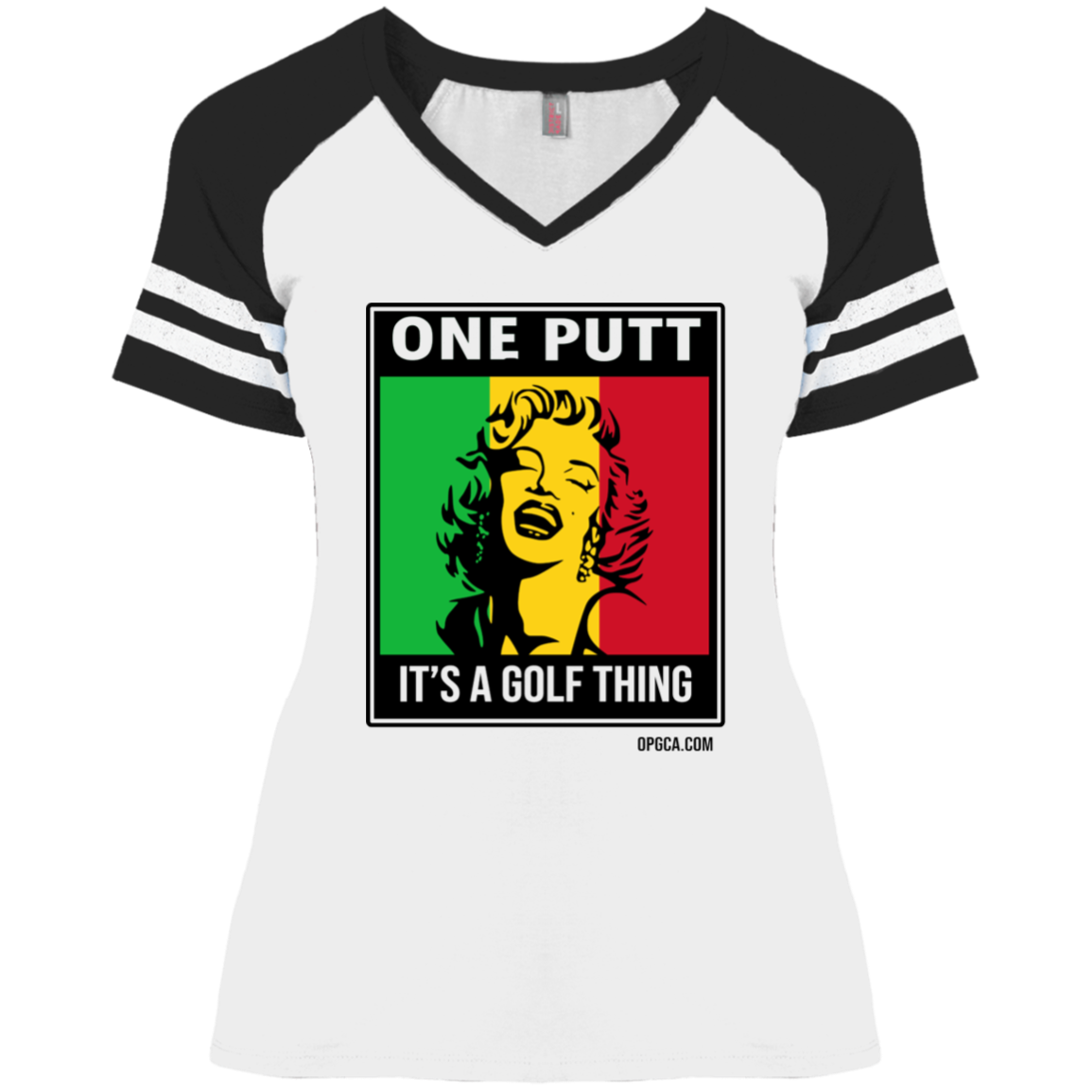 OPG Custom Design #22. One Putt / One Love Parody with Fan Art. Female Edition. Ladies' Game V-Neck T-Shirt