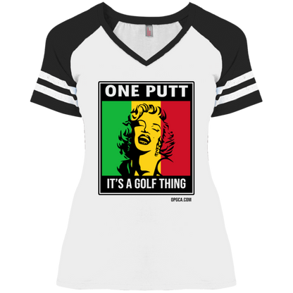 OPG Custom Design #22. One Putt / One Love Parody with Fan Art. Female Edition. Ladies' Game V-Neck T-Shirt