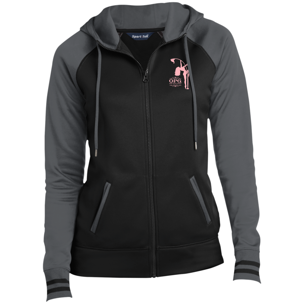 OPG Custom Design #10. Lady on Front / Flag Pole Dancer On Back. Ladies' Sport-Wick® Full-Zip Hooded Jacket