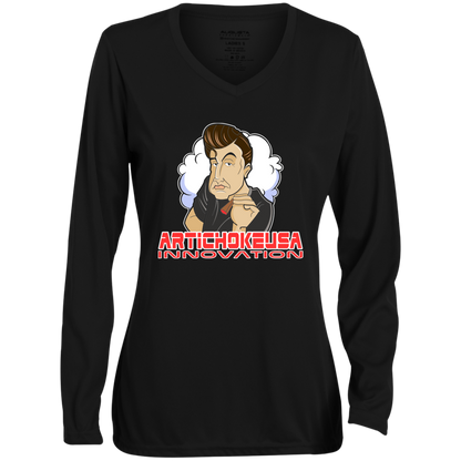 ArtichokeUSA Custom Design. Innovation. Elon Musk Parody Fan Art. Ladies' Moisture-Wicking Long Sleeve V-Neck Tee