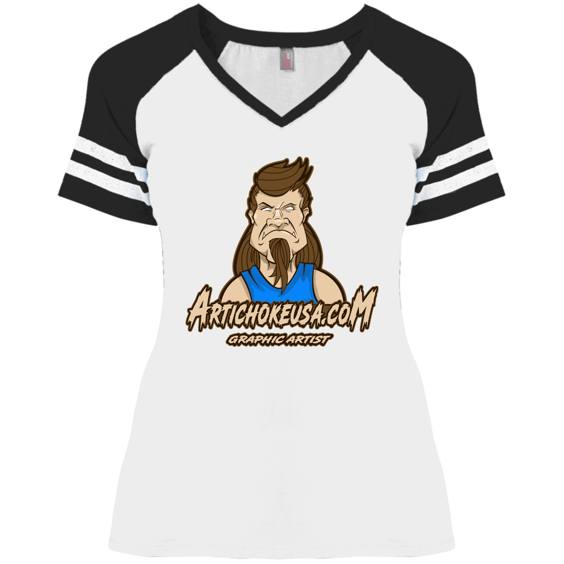 ArtichokeUSA Character and Font design. Let's Create Your Own Team Design Today. Mullet Mike. Ladies' Game V-Neck T-Shirt