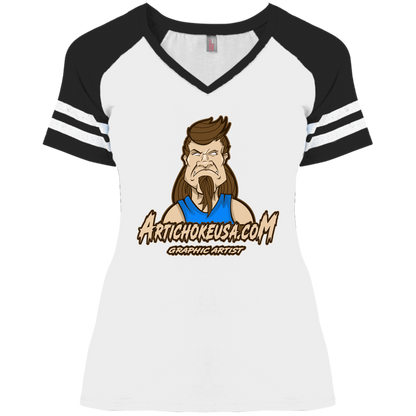 ArtichokeUSA Character and Font design. Let's Create Your Own Team Design Today. Mullet Mike. Ladies' Game V-Neck T-Shirt