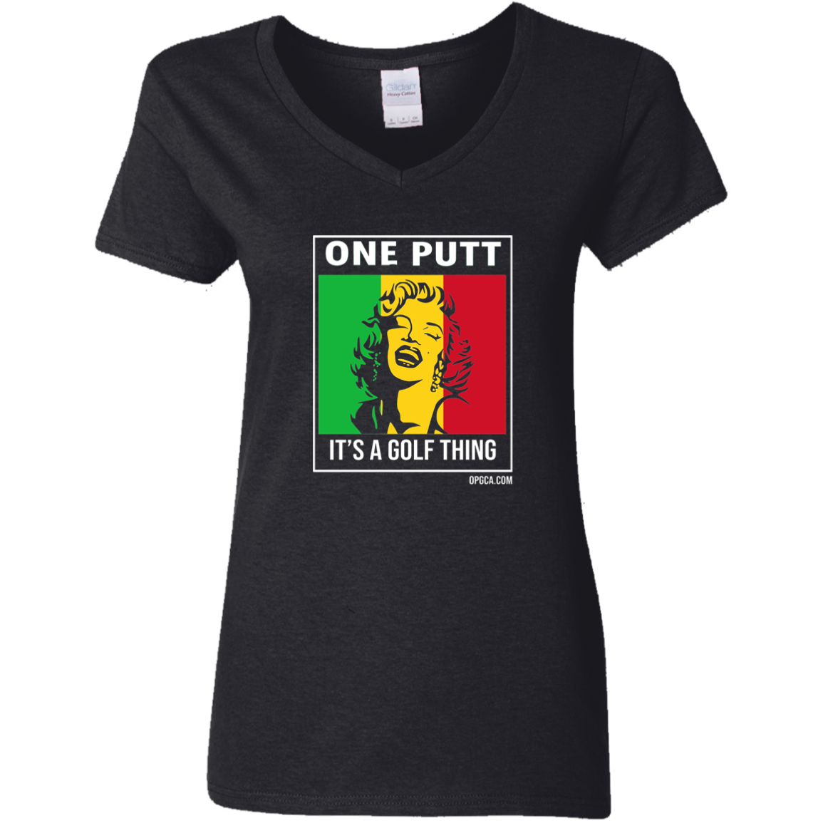 OPG Custom Design #22. One Putt / One Love Parody with Fan Art. Female Edition. Ladies' 100% Cotton V-Neck T-Shirt