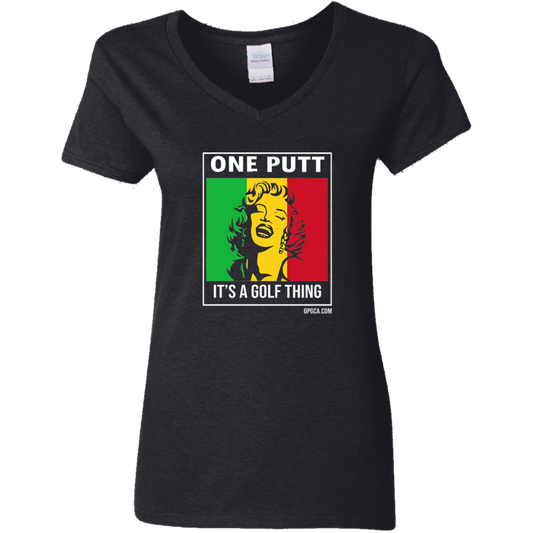 OPG Custom Design #22. One Putt / One Love Parody with Fan Art. Female Edition. Ladies' 100% Cotton V-Neck T-Shirt
